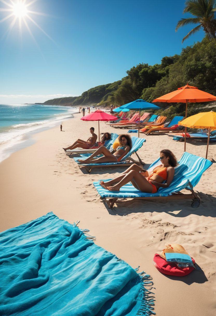 A sunlit beach scene featuring stylish and affordable summer beachwear displayed on vibrant colorful beach accessories like towels, umbrellas, and flip-flops. Include a diverse group of fashionably dressed people enjoying the sun, showcasing different trendy outfits, and a clear blue sky with gentle waves in the background. The atmosphere should be fun and inviting. super-realistic. vibrant colors. summer vibes.
