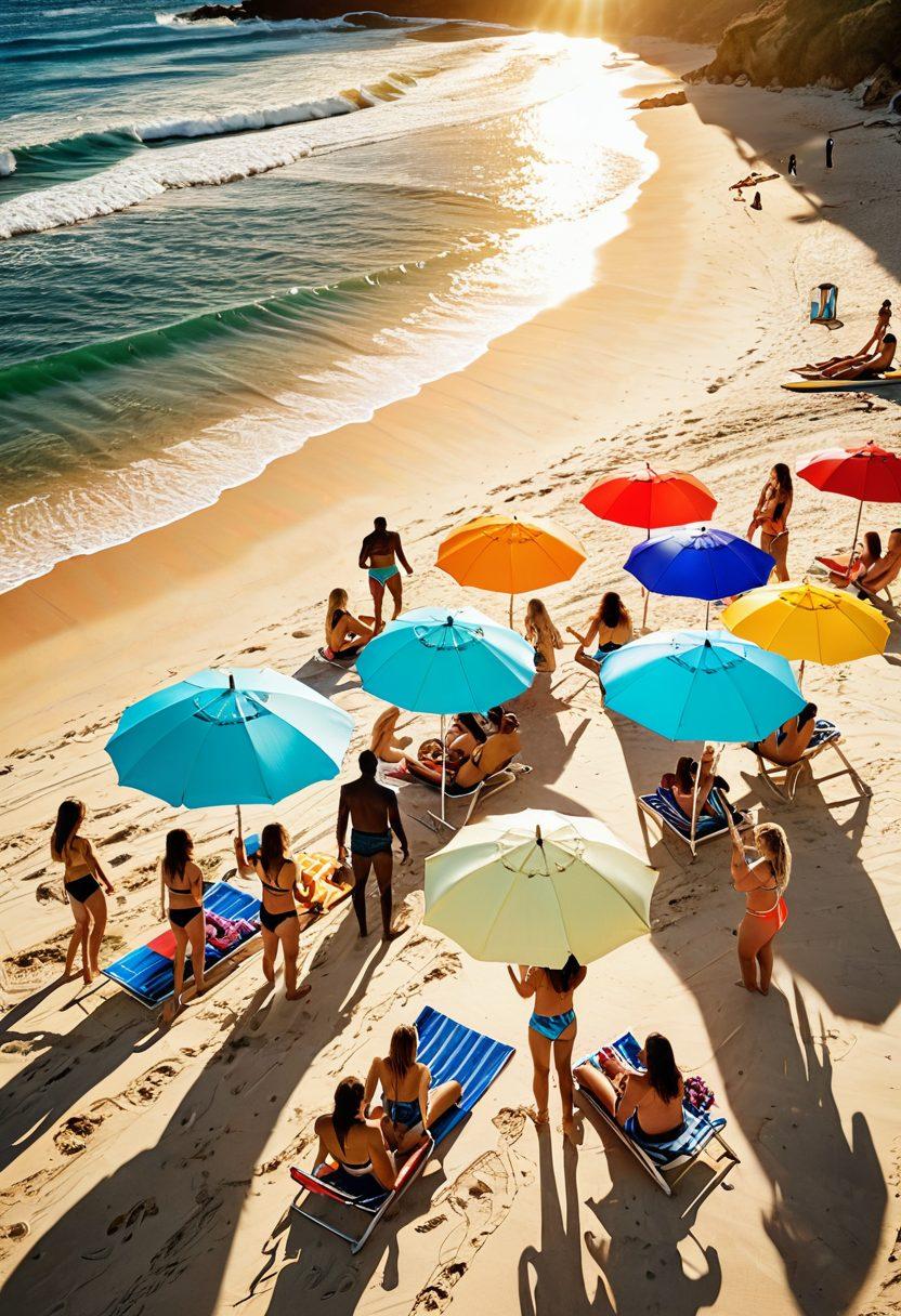 A vibrant beach scene featuring a diverse group of fashion-forward individuals confidently wearing trendy bikinis and stylish swimwear. Include a colorful beach umbrella, surfboards in the background, and the sun setting on the horizon with warm, golden rays illuminating the scene. Captivate with lively beach activities like volleyball and sunbathing to evoke a sense of fun and relaxation. super-realistic. vibrant colors. tropical ambiance.